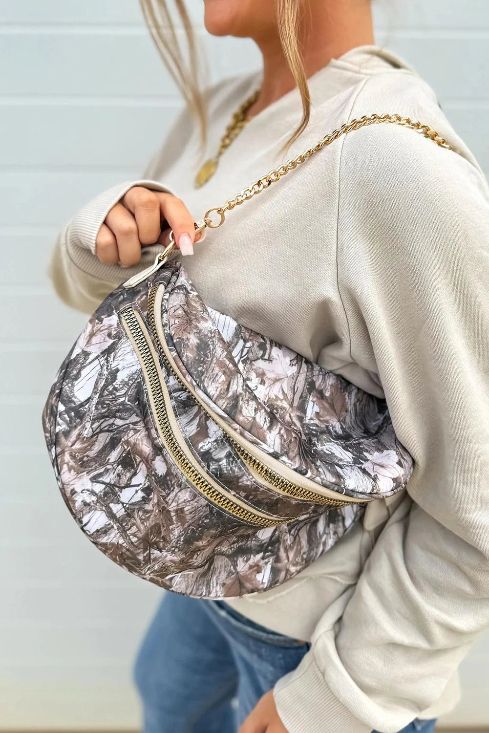 Print Gold Chain Strap Double Zipper Crossbody Bag