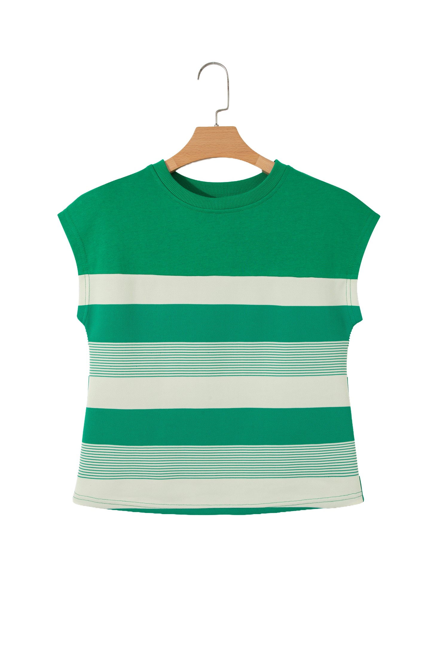Green Stripe Mixed Print Crew Neck Cap Sleeve T Shirt