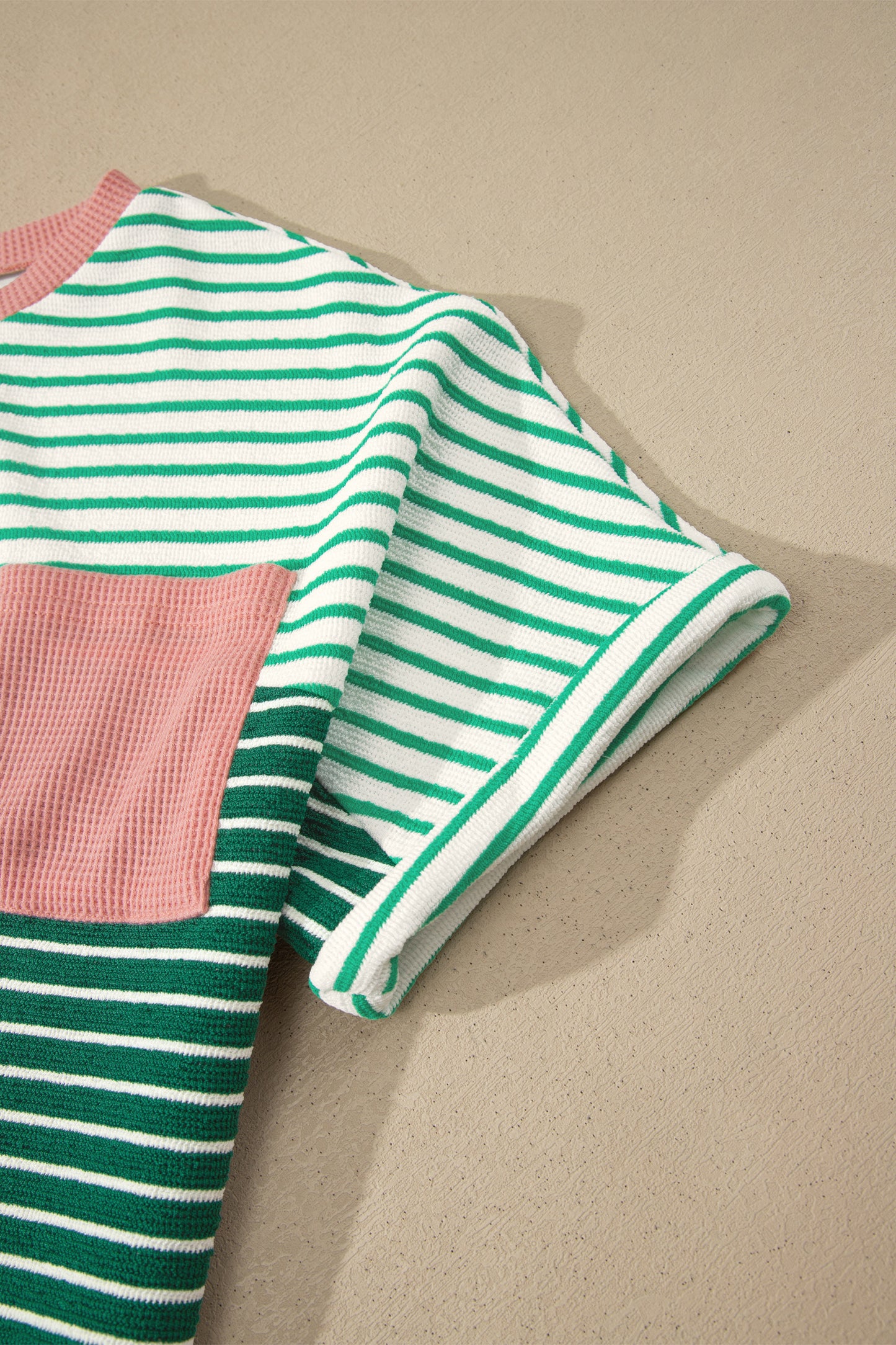 Striped Textured Tee Colorblock Pocket Casual Top