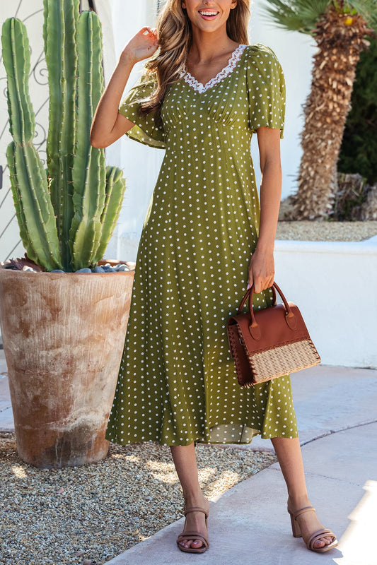 Green Polka Dot Print Lacy Neckline Smocked High Waist Maxi Dress