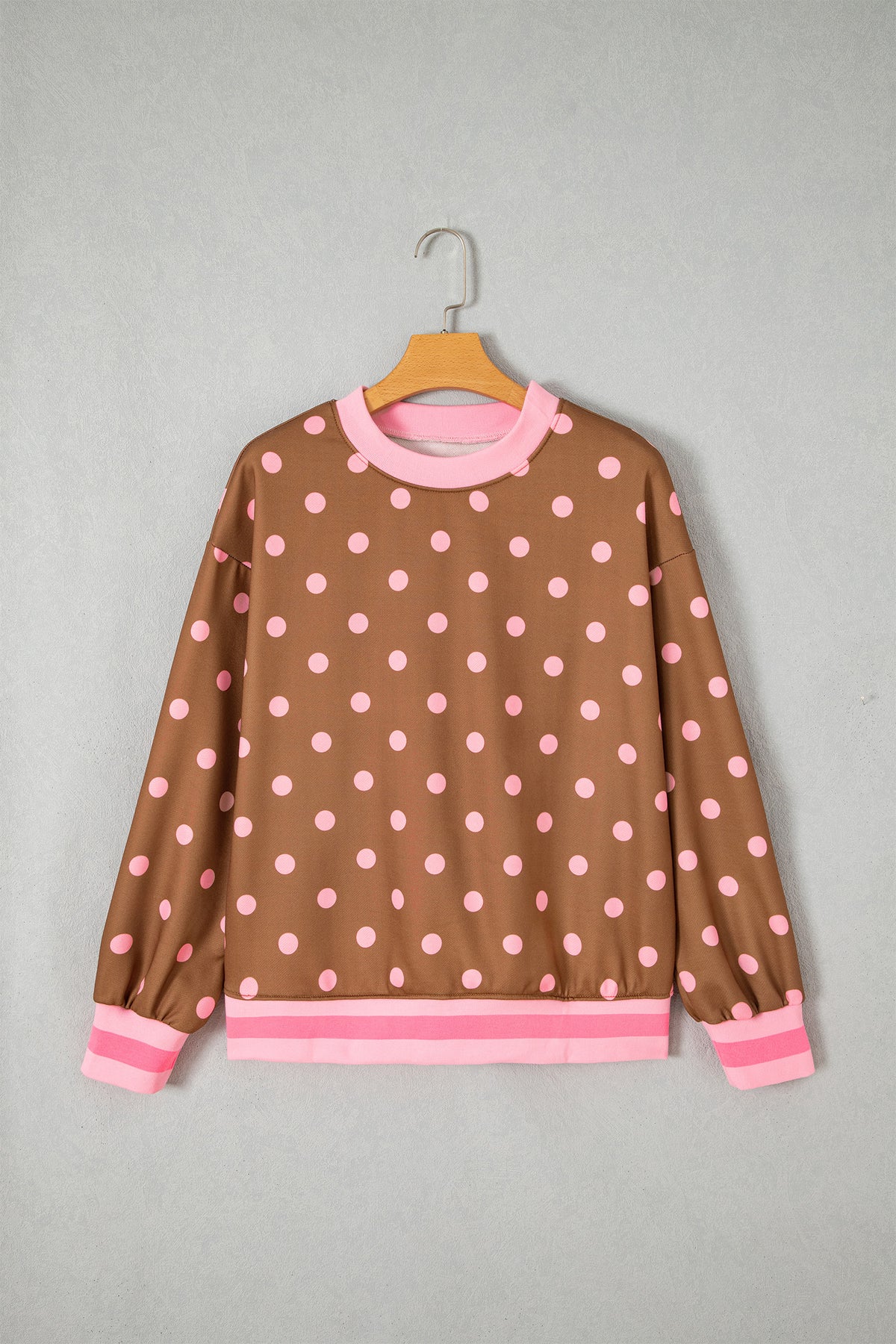 Pink Polka Dot Colorblock Round Neck Pullover Sweatshirt