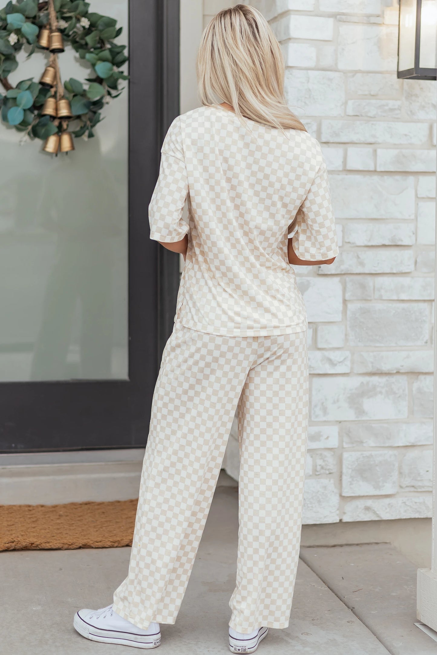 Rose Checkered Print Half Sleeve Tee 2pcs Lounge Pant Set