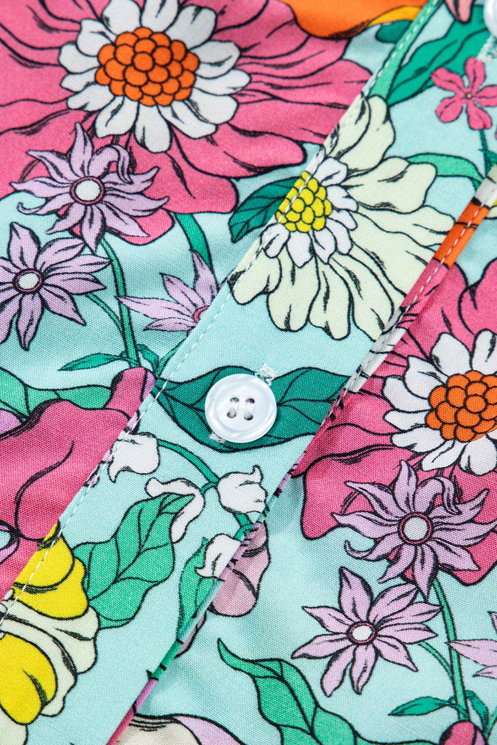 Sky Blue Floral Print Split Neck Button Front Flutter Sleeve Blouse