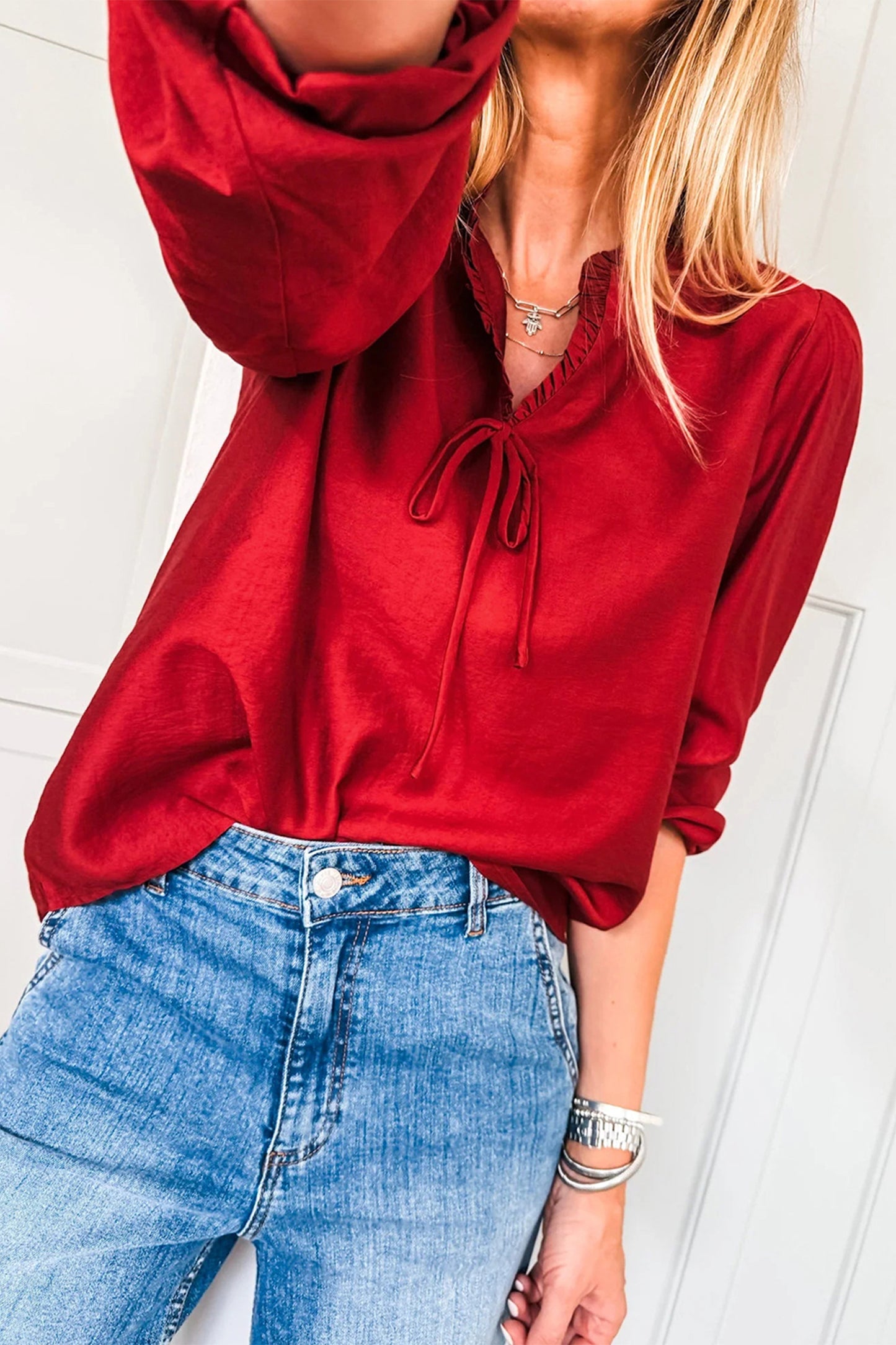 Fiery Red Solid Color Frilled V Neck Bow Detail 3/4 Sleeve Blouse