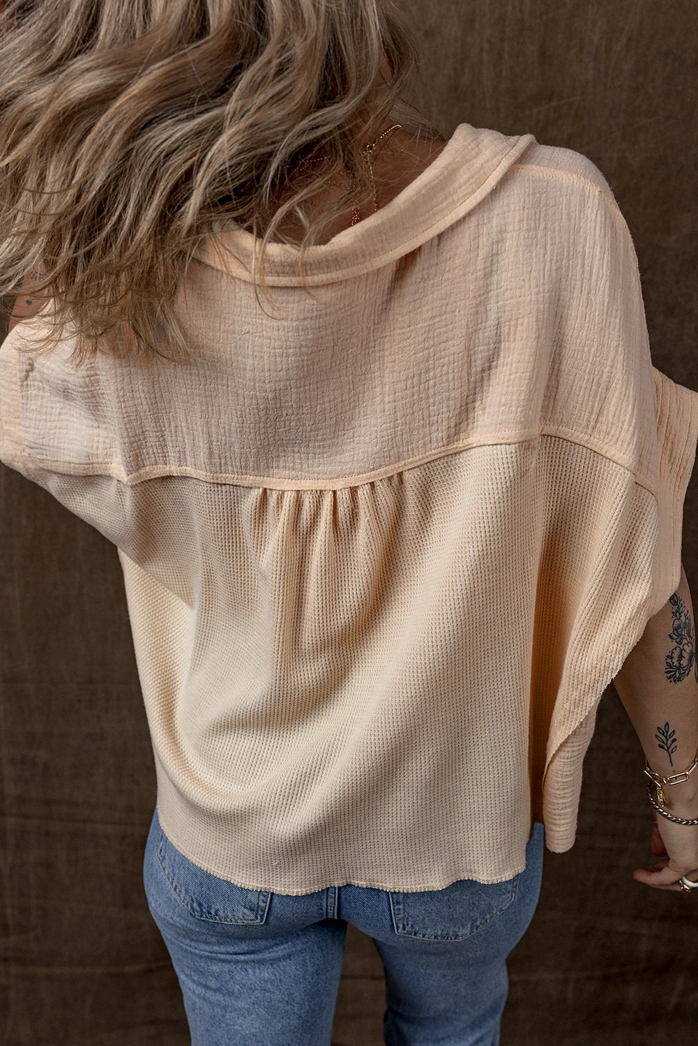 Beige Waffle Splicing Short Batwing Sleeve Flap Detail Shirt