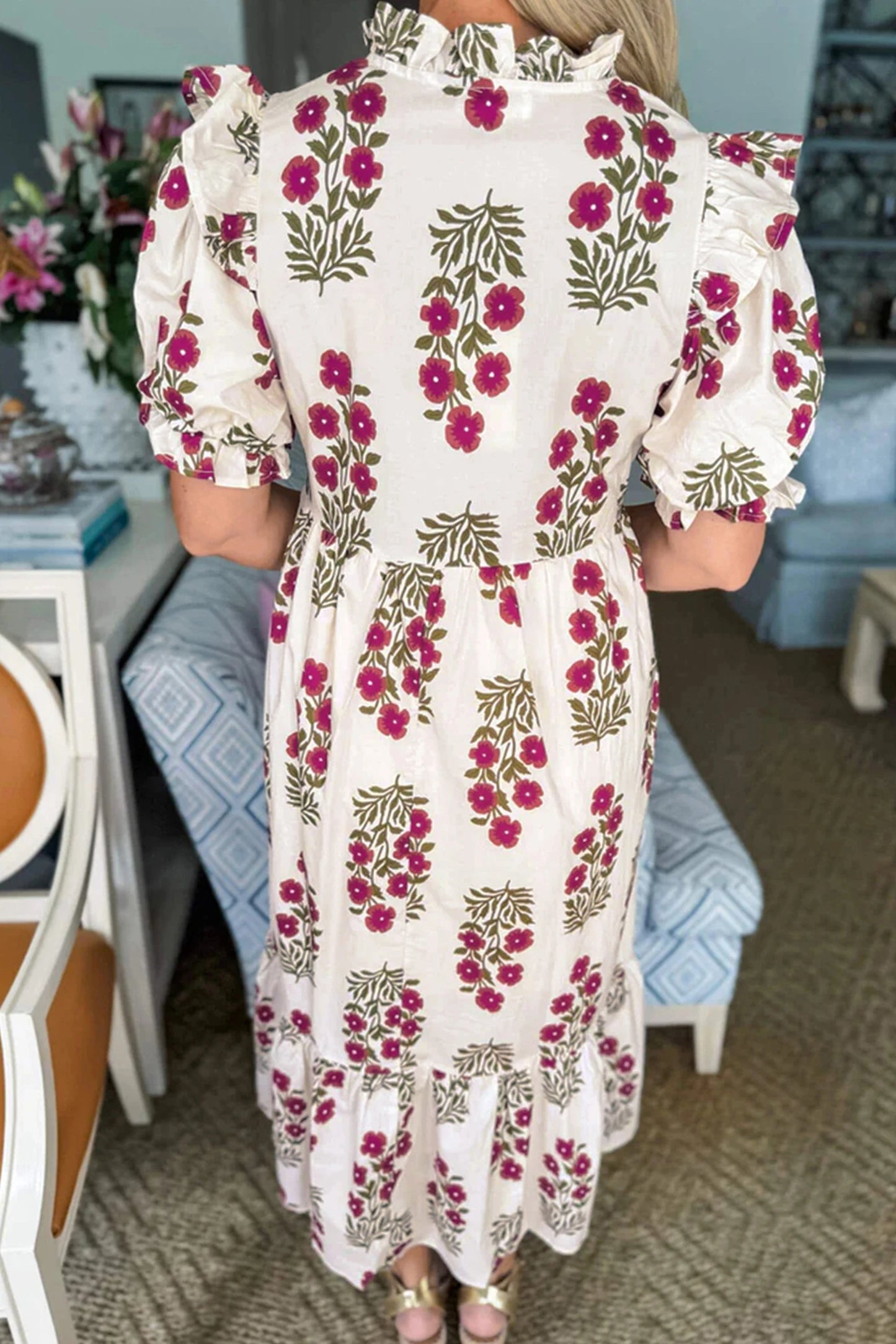 Black Floral Short Bubble Sleeve Tiered Maxi Dress