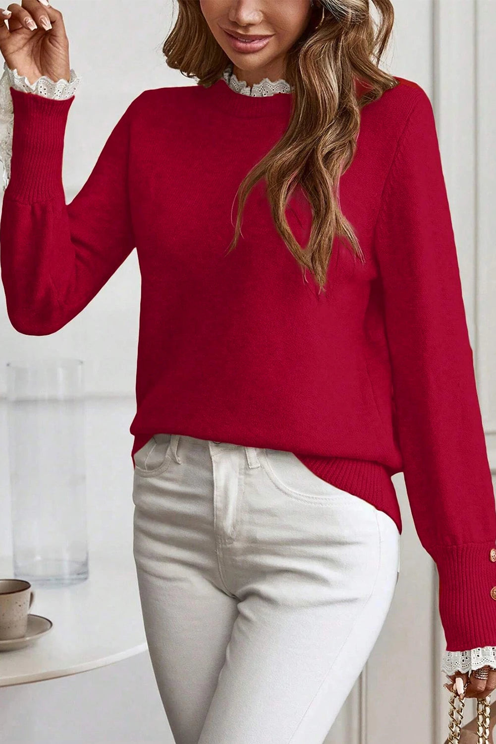 Jet Stream Lace Trim Patchwork Buttoned Cuffs Loose Sweater