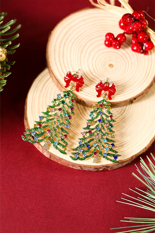Gold Stunning Rhinestone Christmas Tree Bow Studded Earrings