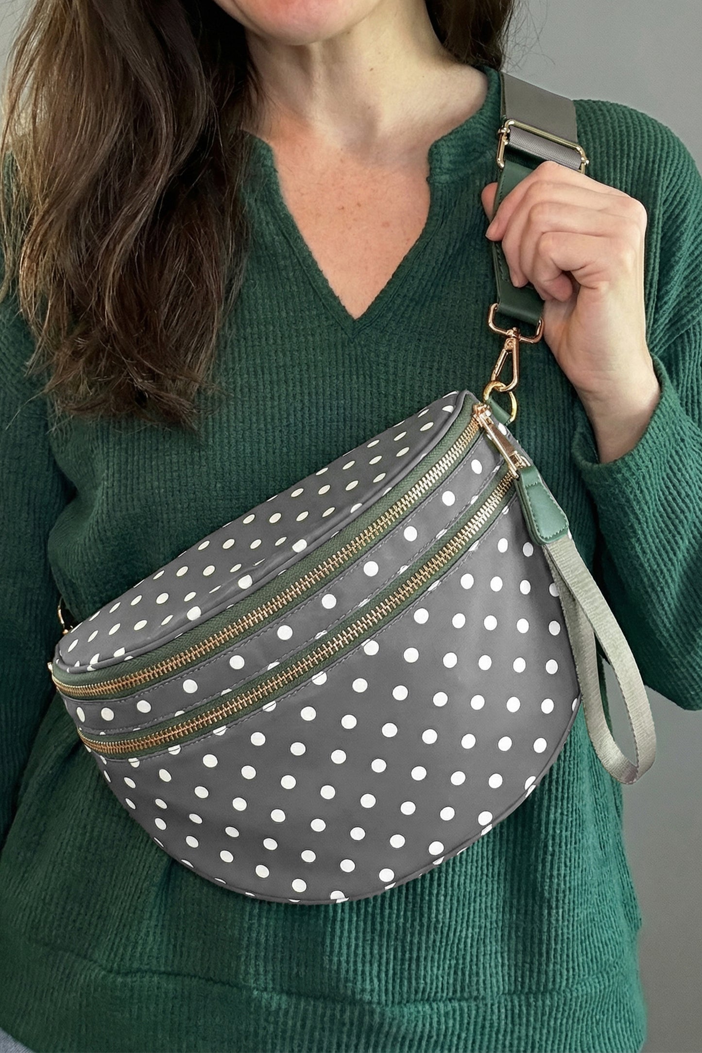 Polka Dot Faux Double Zip Crossbody Bag
