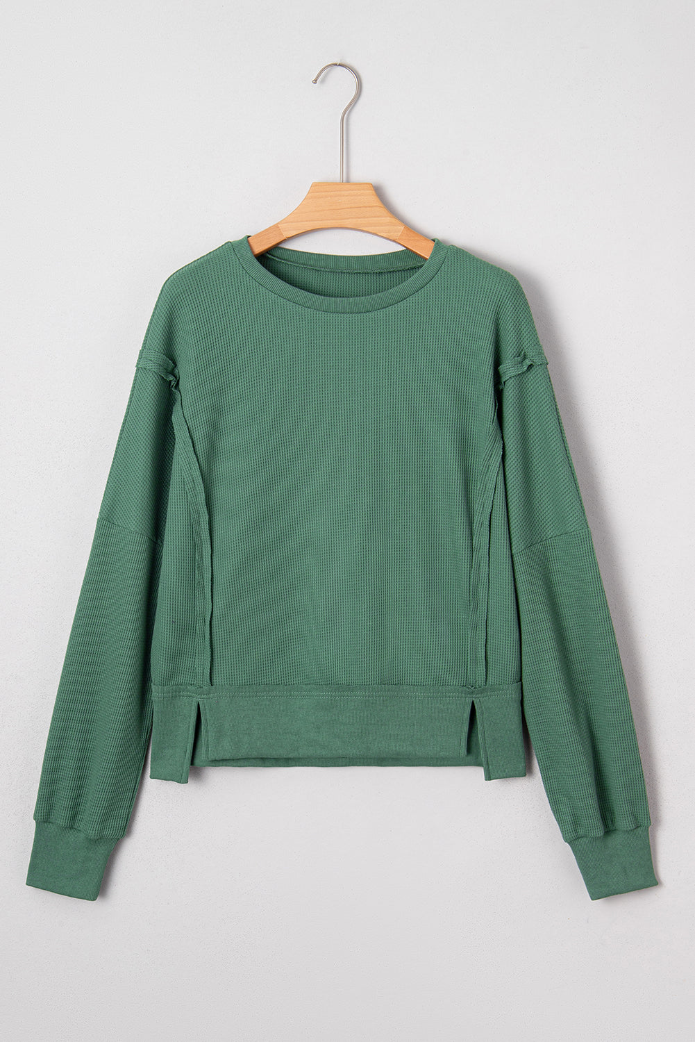 Orchid Mist Solid Color Raw Seam Patchwork Ribbed Drop Shoulder Sweatshirt