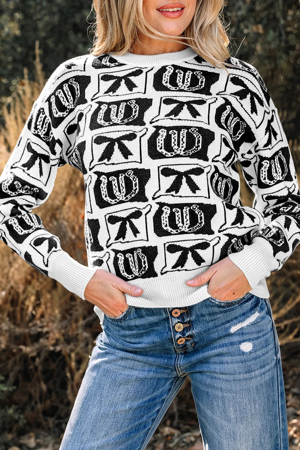 Brown Bows & Horseshoes Pattern Western Fashion Print Sweater