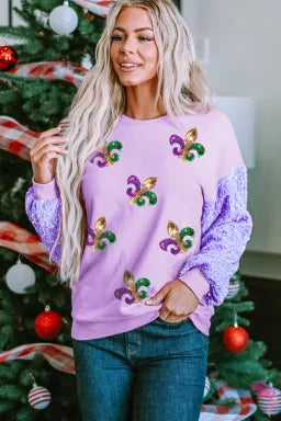 Orchid Petal Sequin Patchwork Long Sleeve Fleur de Lis Patched Pattern Top