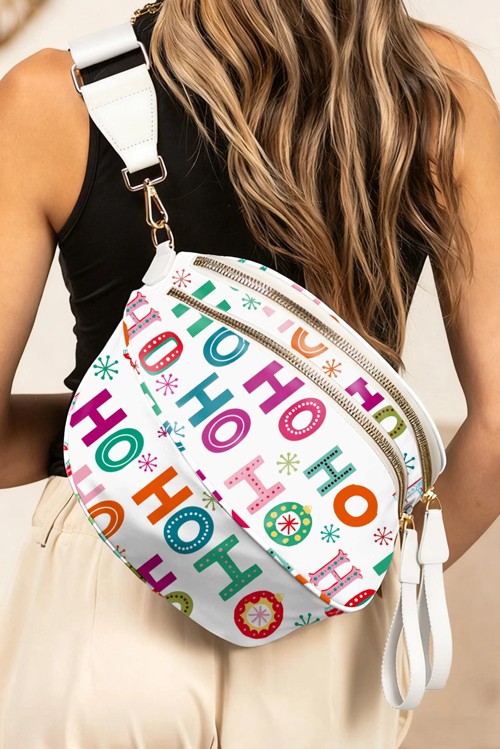 Christmas Theme Double Zip PU Leather Crossbody Bag