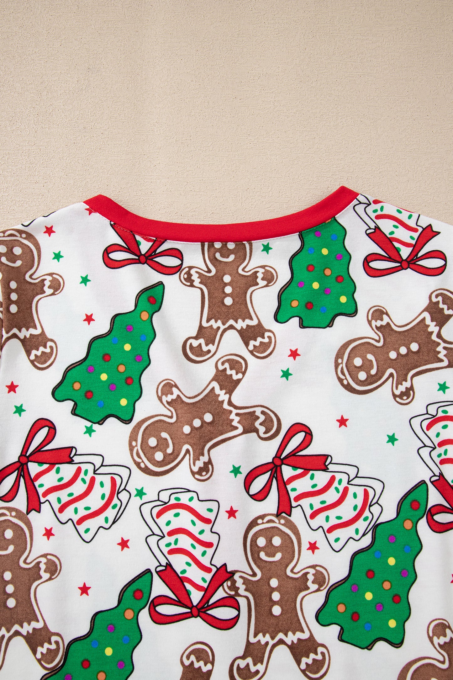 Pink Christmas Pattern Button V Neck Pullover Drawstring Pants 2pcs Lounge Set