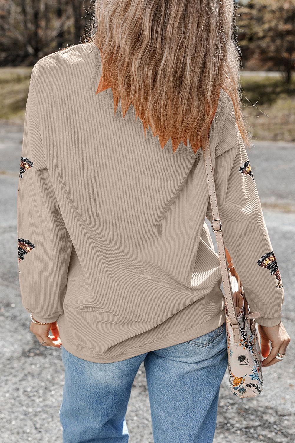 Smoke Gray Twisted Ribbed Sequined Thanksgiving Turkey Graphic Baggy Sweatshirt