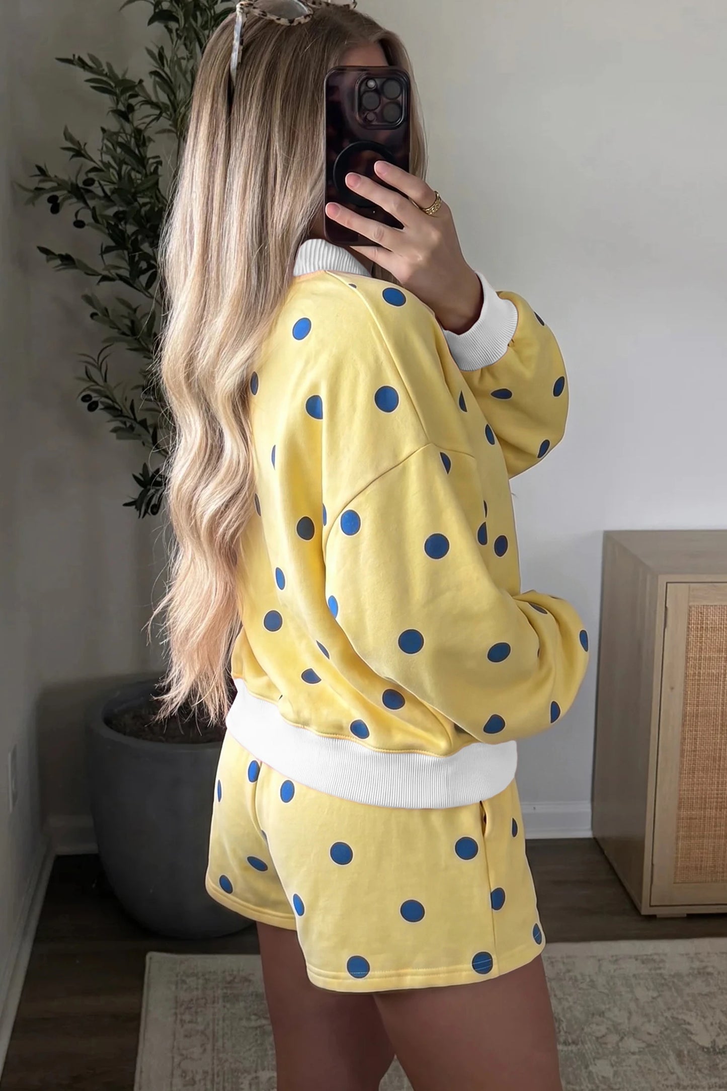Brown Polka Dot Ribbed Trim Long Sleeve Top Casual Short Set