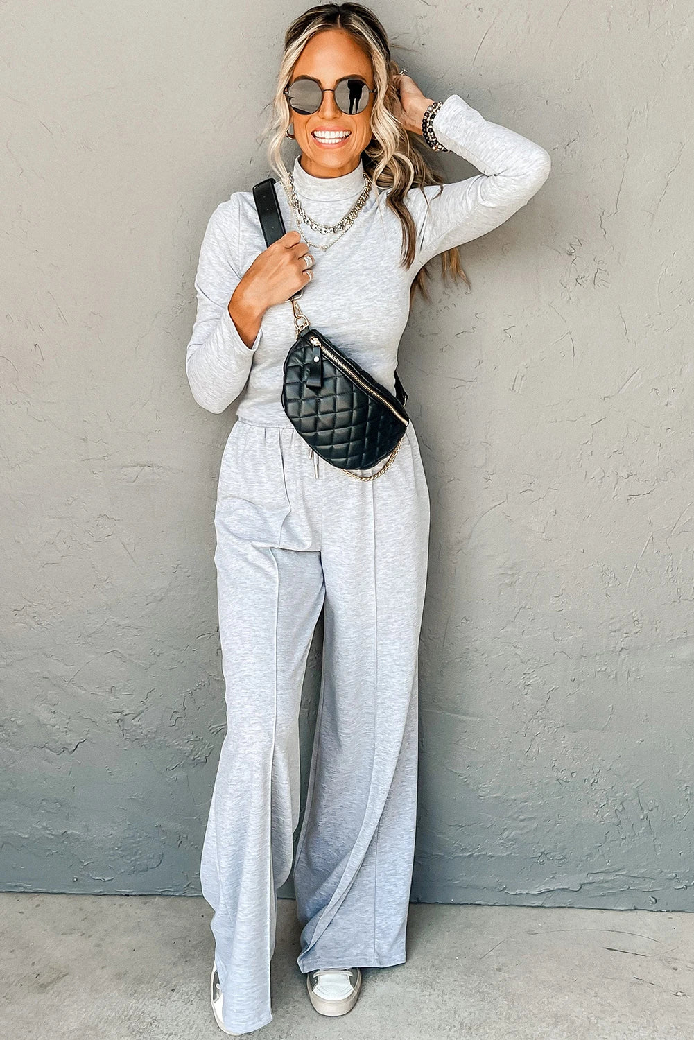 Light Grey Long Sleeve High Neck Slim Top Smocked Waist Central Seam Pants Set