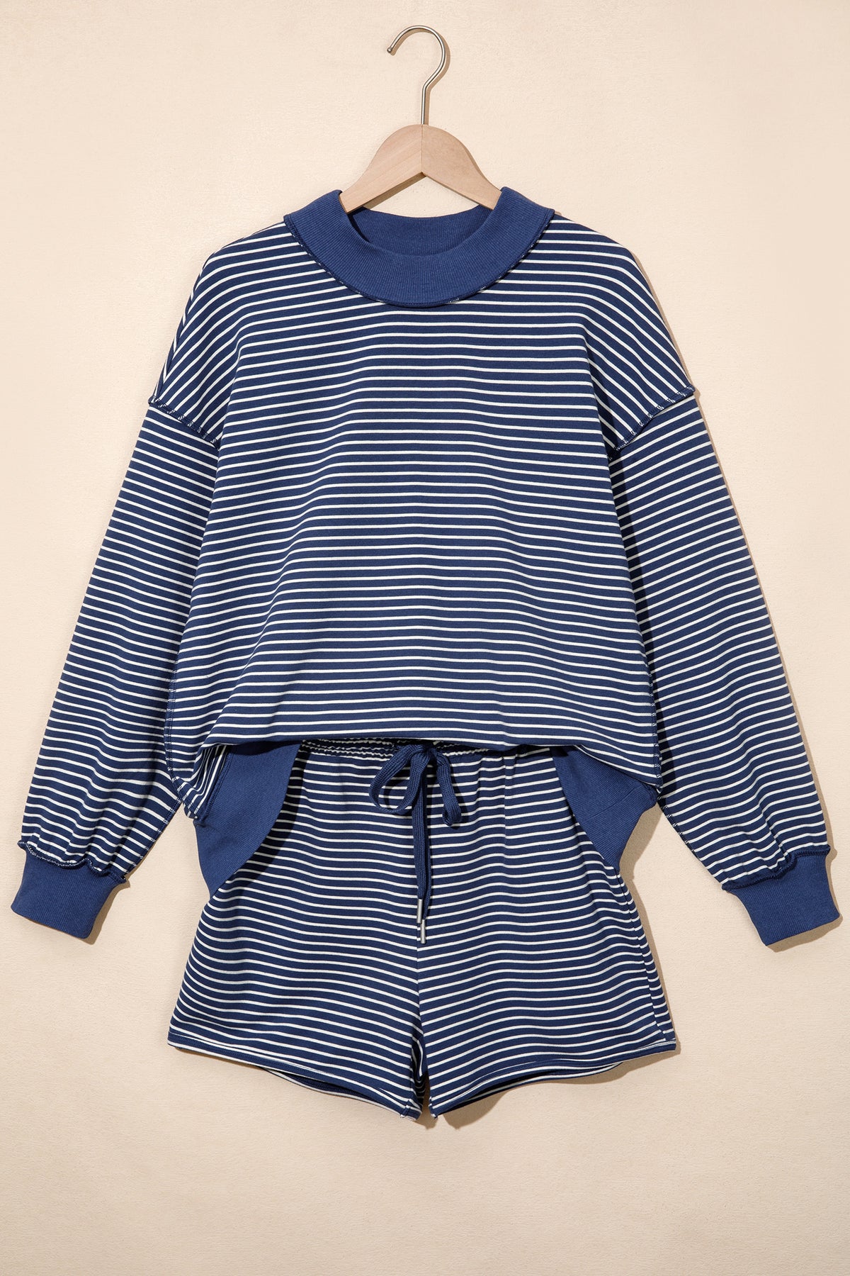 Brown Ribbed Patchwork Mock Neck Baggy Pullover Matching Shorts Set