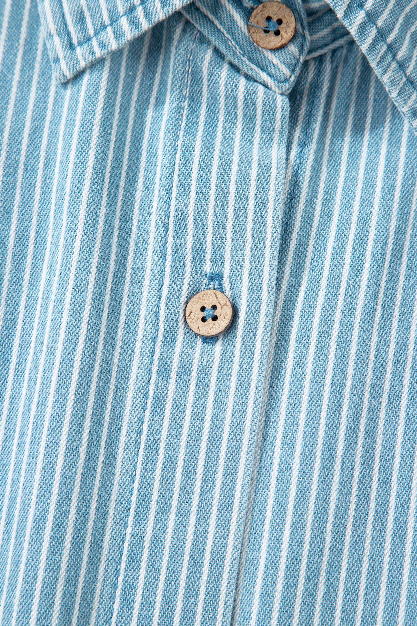 Sky Blue Stripe Cuffed Short Sleeve Button up Loose Shirt