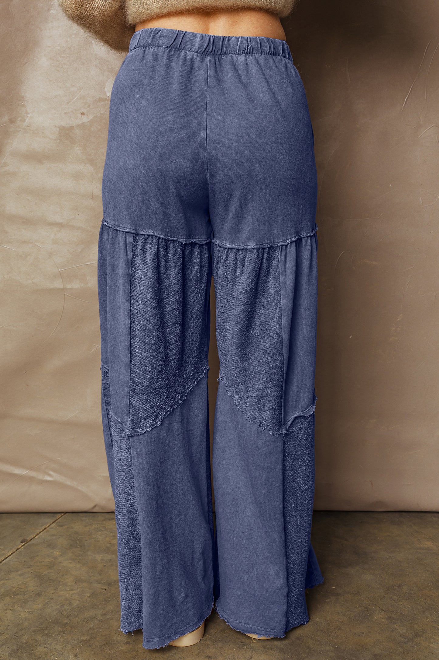 Black Mineral Wash Tiered Wide Leg Patchwork Drawstring Pants