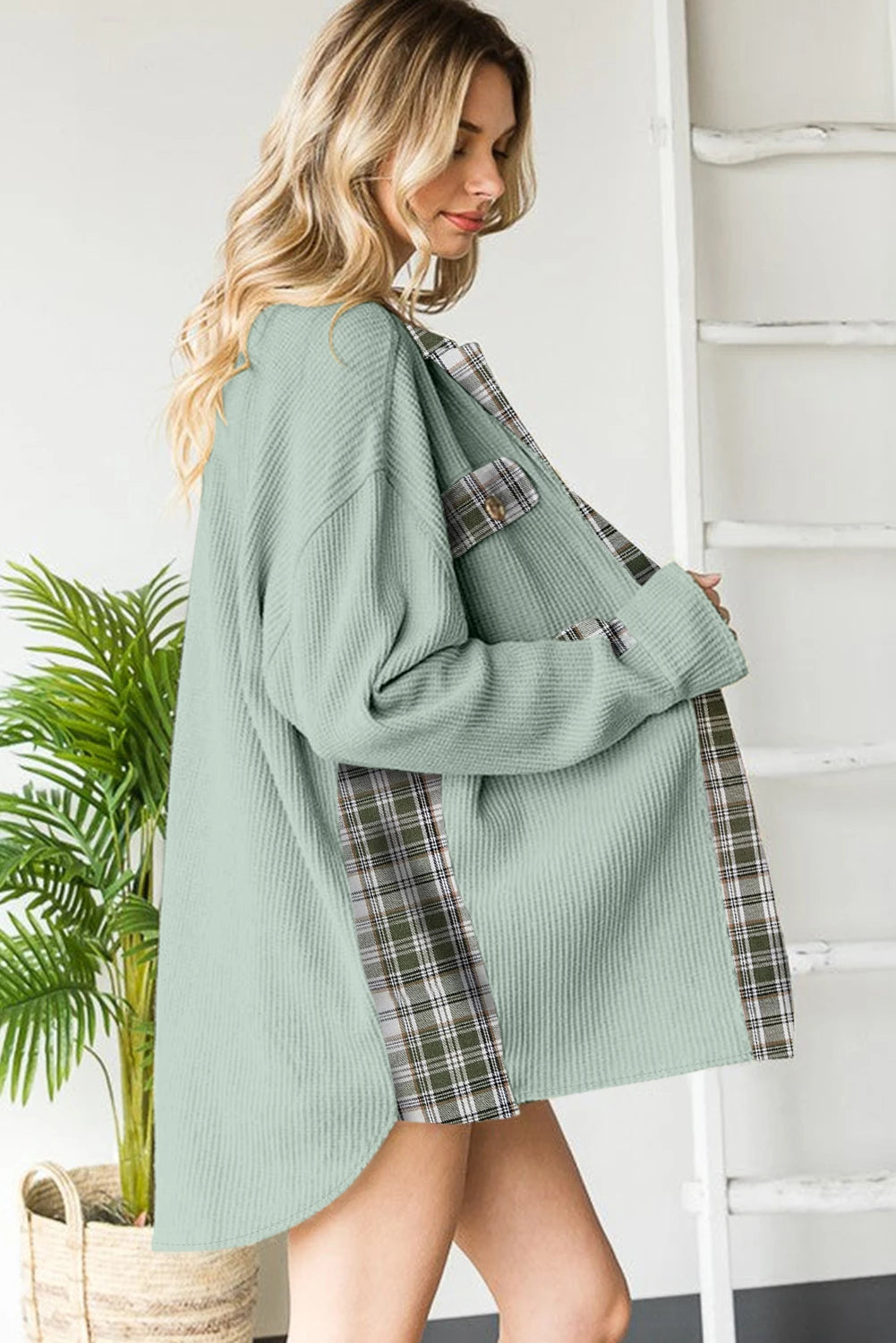 Apricot Plaid Patchwork Waffle Thermal Knit Shacket