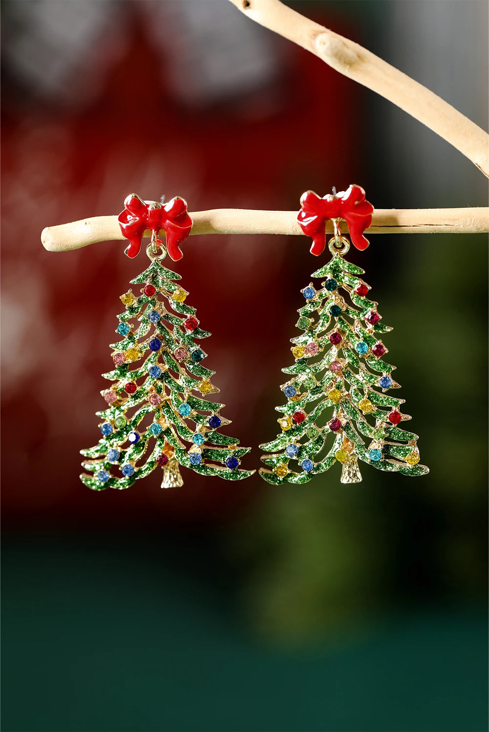 Gold Stunning Rhinestone Christmas Tree Bow Studded Earrings