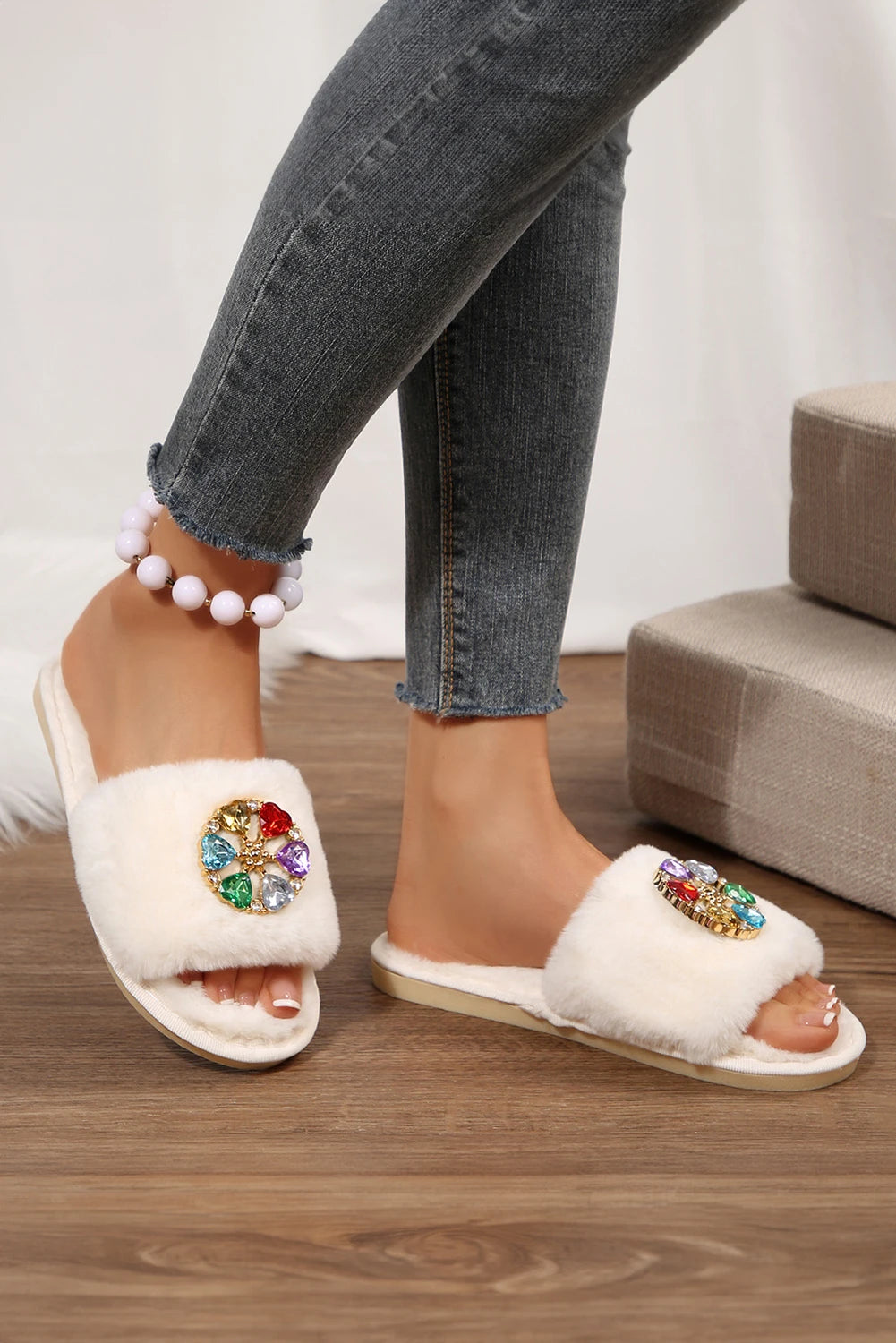 White Daring Rhinestone Embellished Detail Open Toe Plush Slippers