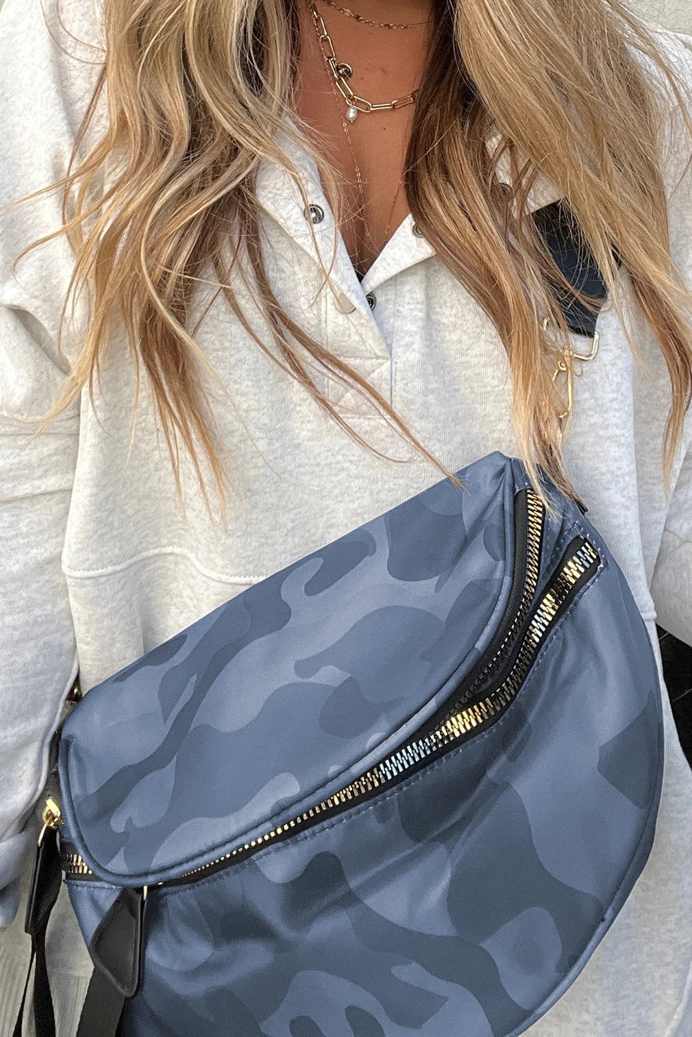 Print Gold Chain Strap Double Zipper Crossbody Bag