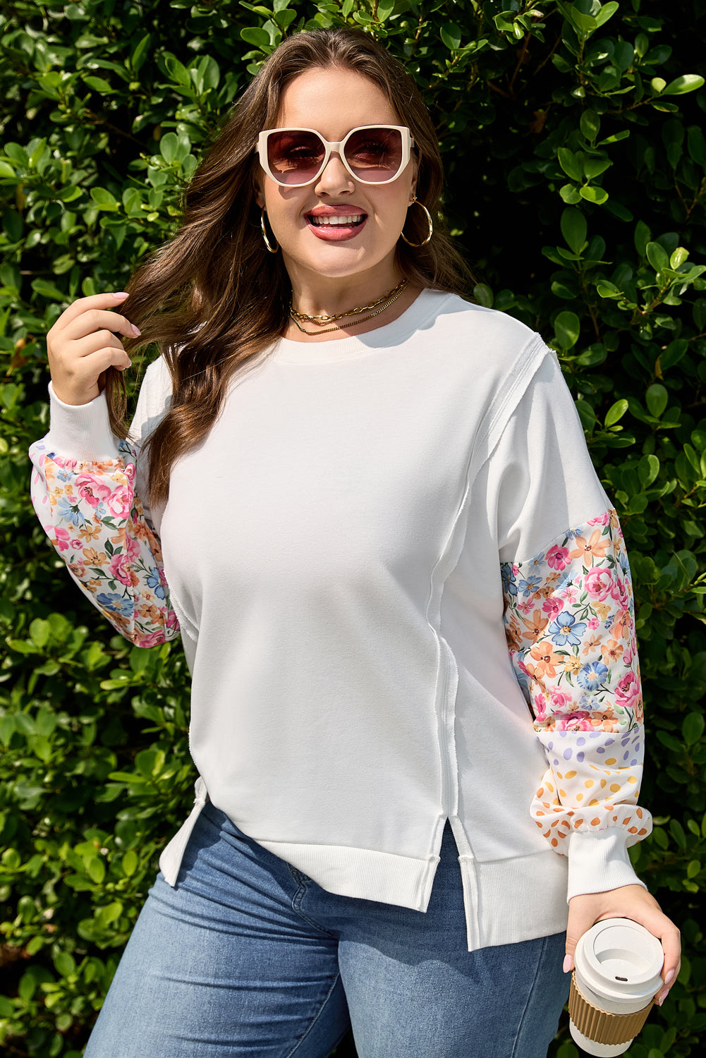 White Plus Size Exposed Seam Detail Contrast Dot Floral Patchwork Sleeve Sweatshirt