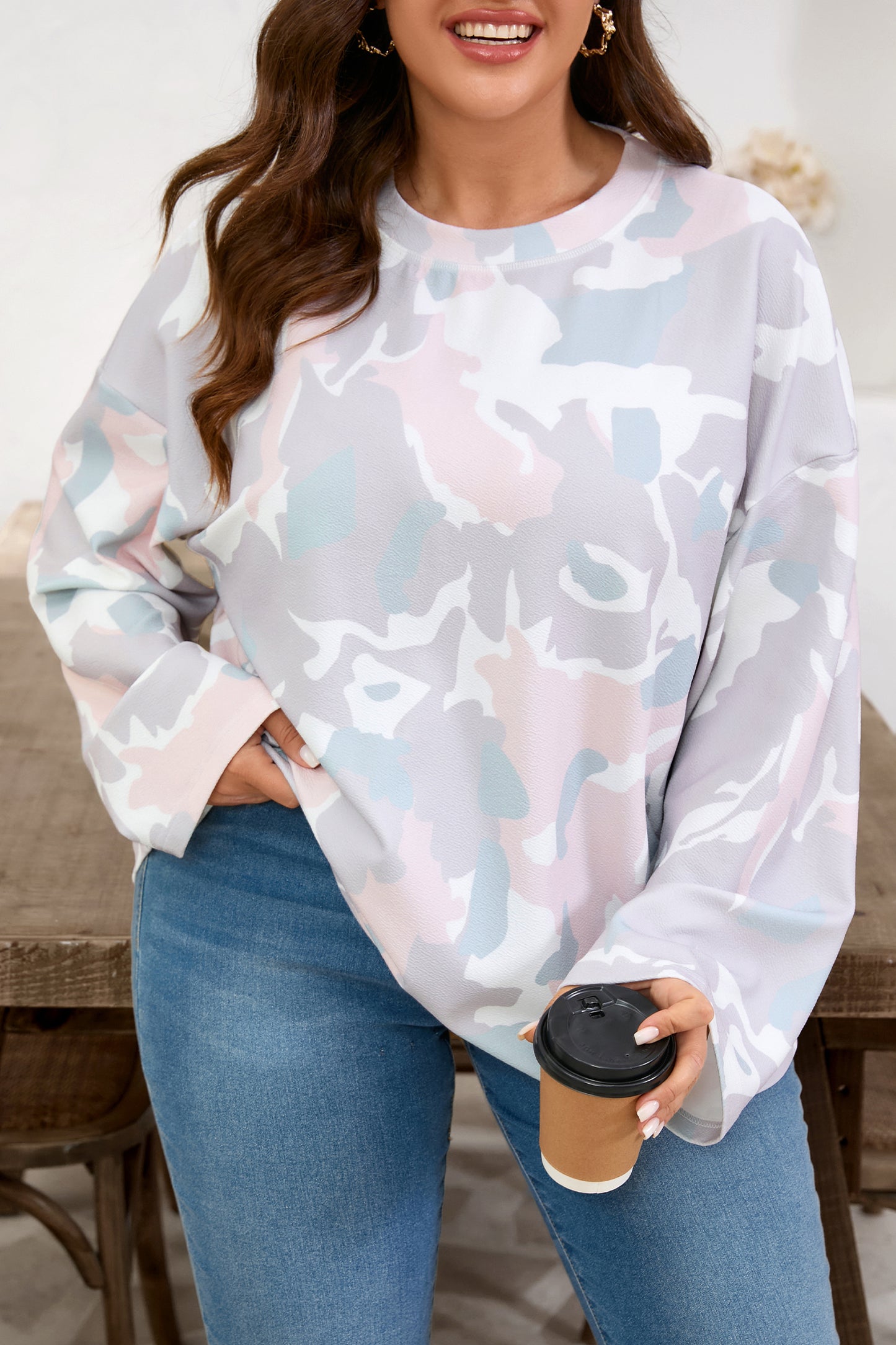 Green Plus Size Camouflage Print Drop Shoulder Loose Pullover Top