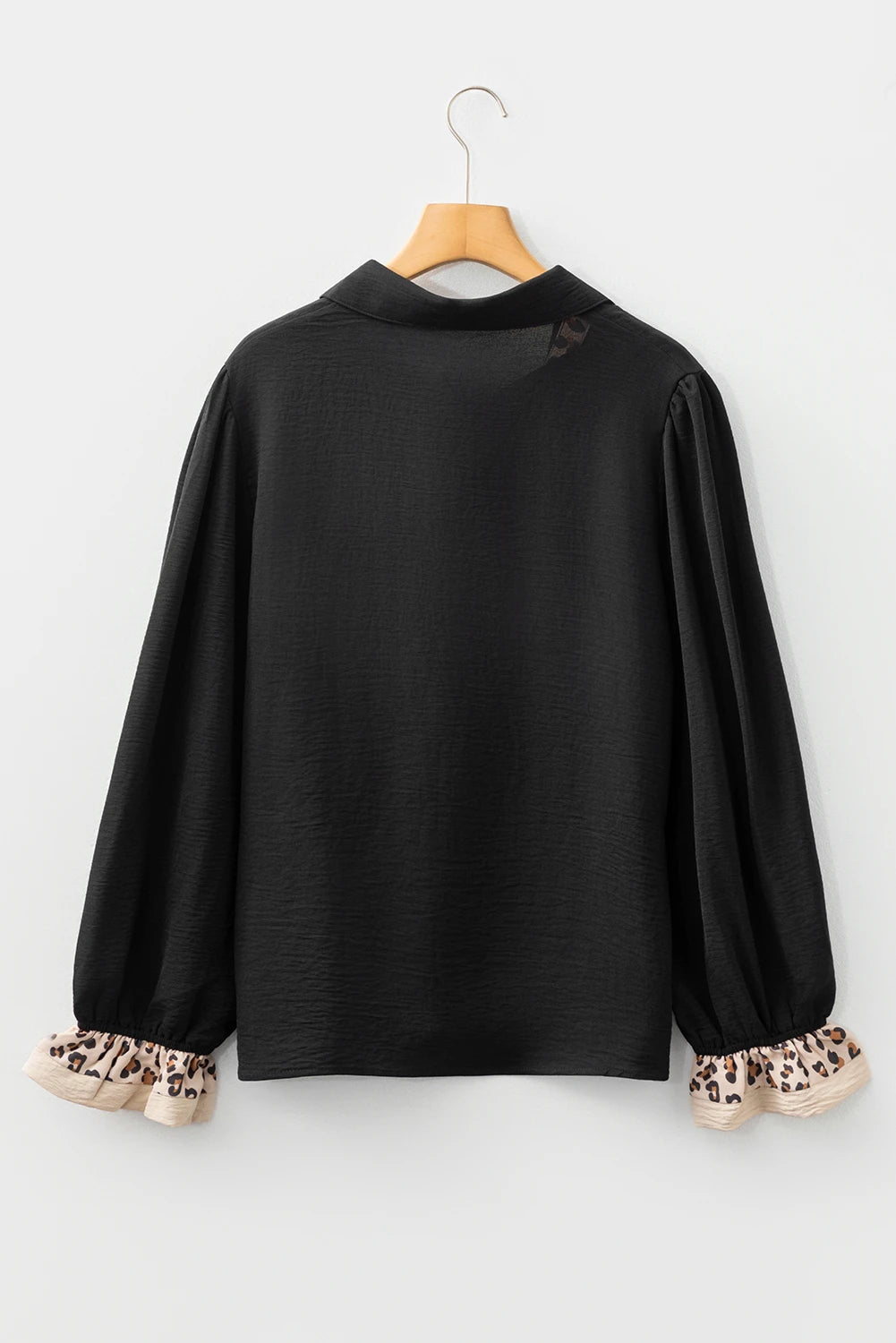 Black Contrast Leopard Print Patchwork Polo Collar Buttons Front Ruffled Long Sleeve Blouse
