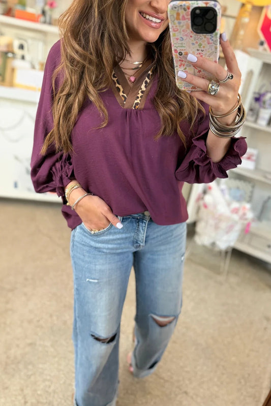 Violet Leopard Trim V Neck Flounced Bracelet Sleeve Blouse