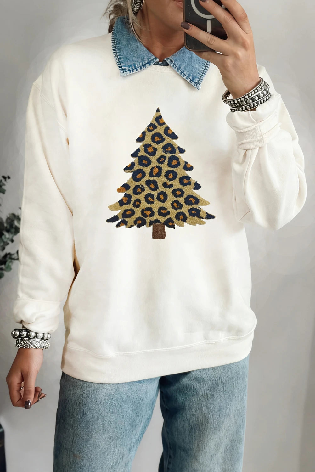 White Plush Leopard Tree Patched Drop Shoulder Sweatshirt