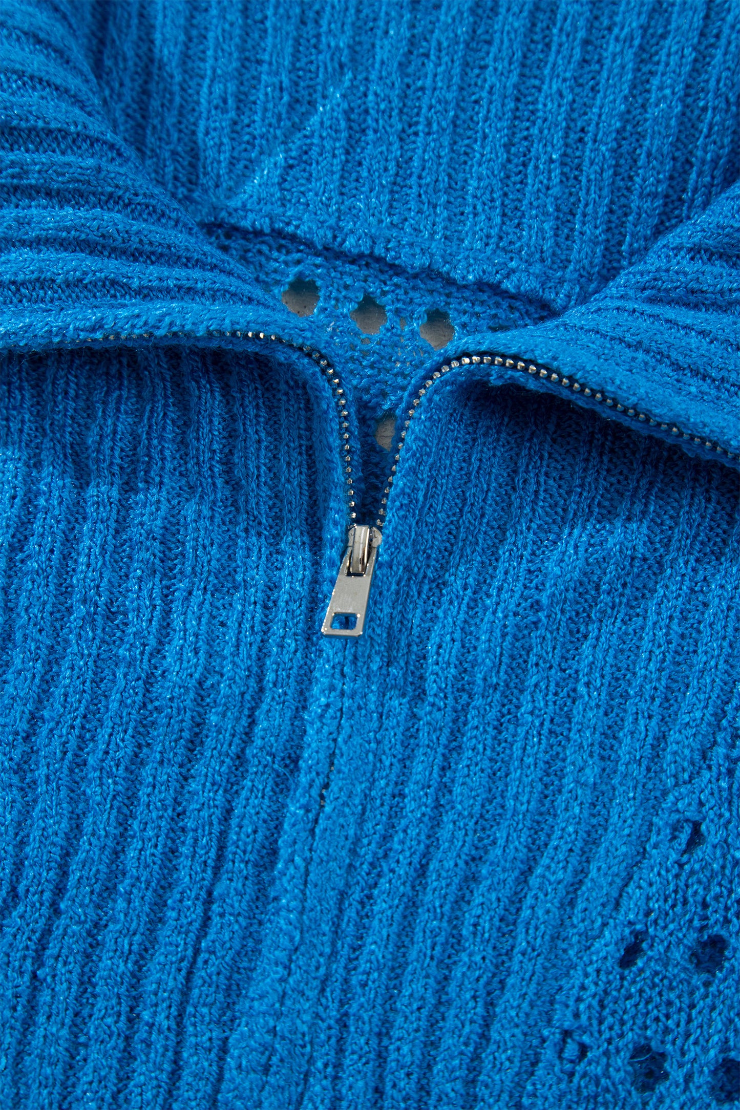 Sky Blue Solid Color Hollowed Knit Short Sleeve Zipper Collar Knitwear Top