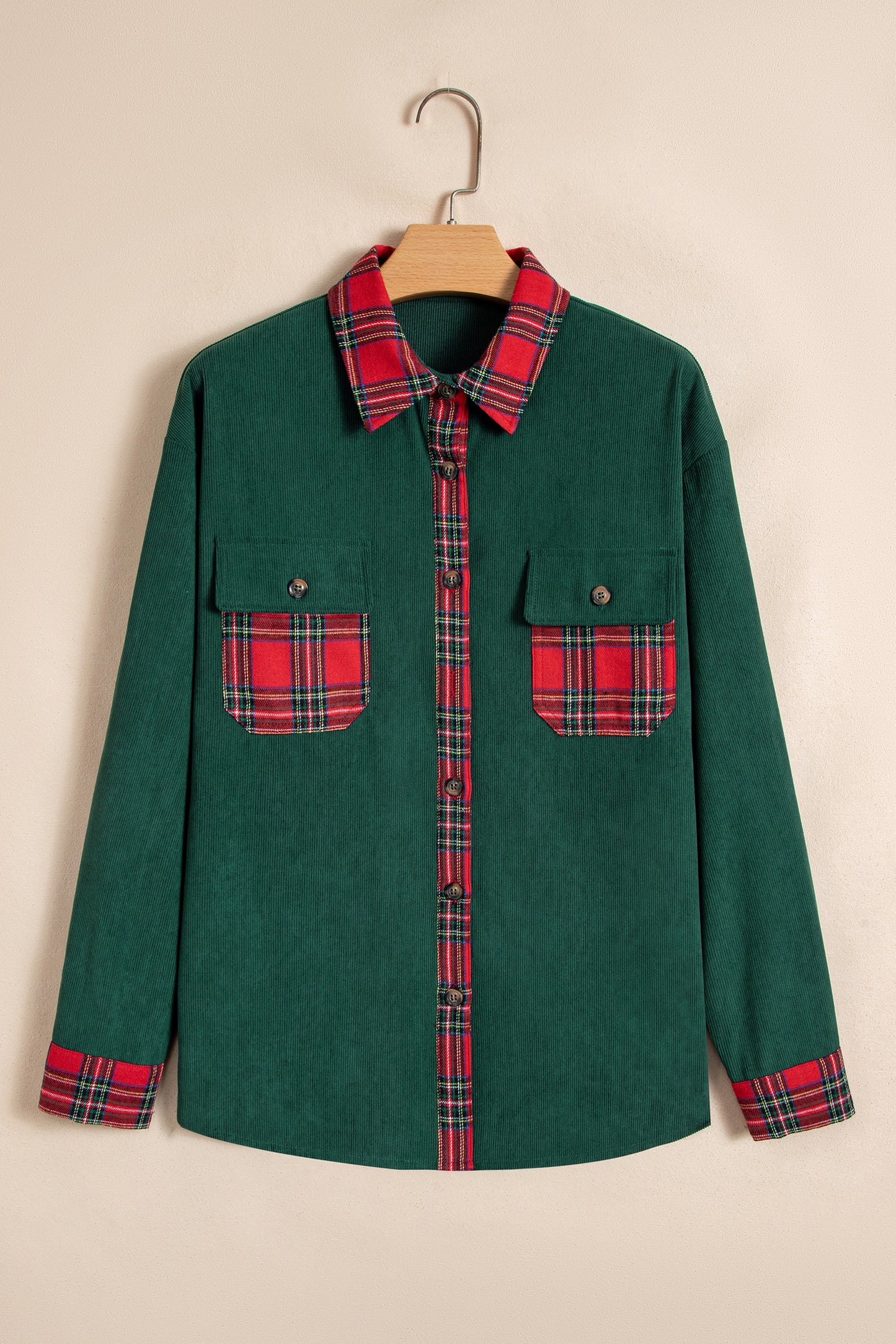 Blackish Green Plaid Pocket Button Long Sleeve Shift Shacket