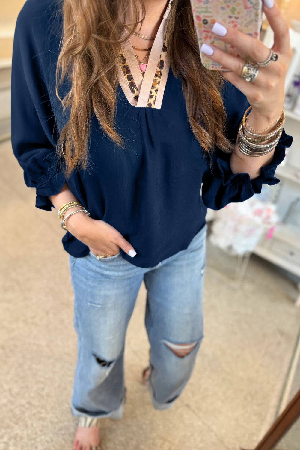 Violet Leopard Trim V Neck Flounced Bracelet Sleeve Blouse