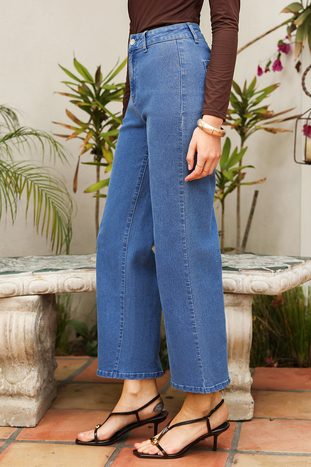 Blue Solid Color High Waist Straight Leg Jeans