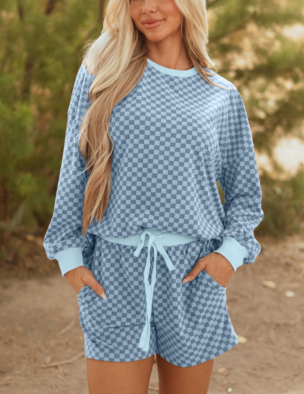 Brown Checkerboard Long Sleeve Pullover and Shorts Set