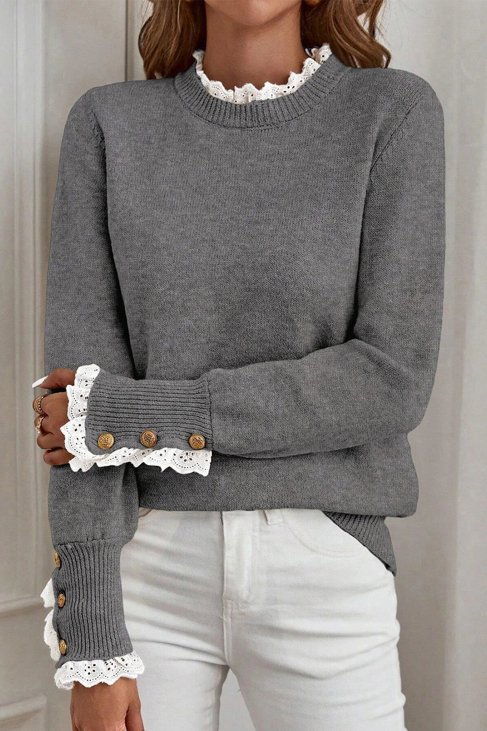 Jet Stream Lace Trim Patchwork Buttoned Cuffs Loose Sweater
