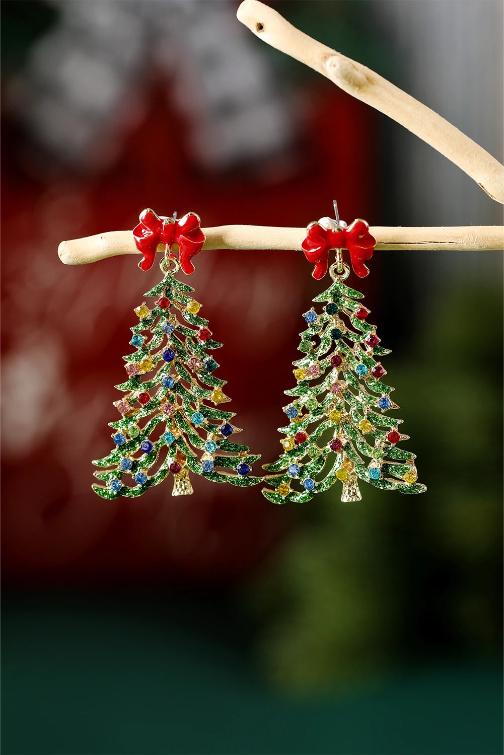 Gold Stunning Rhinestone Christmas Tree Bow Studded Earrings
