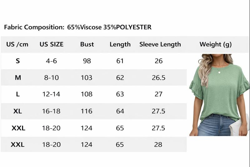 Ruffle Sleeve Crewneck Cotton Casual T Shirt