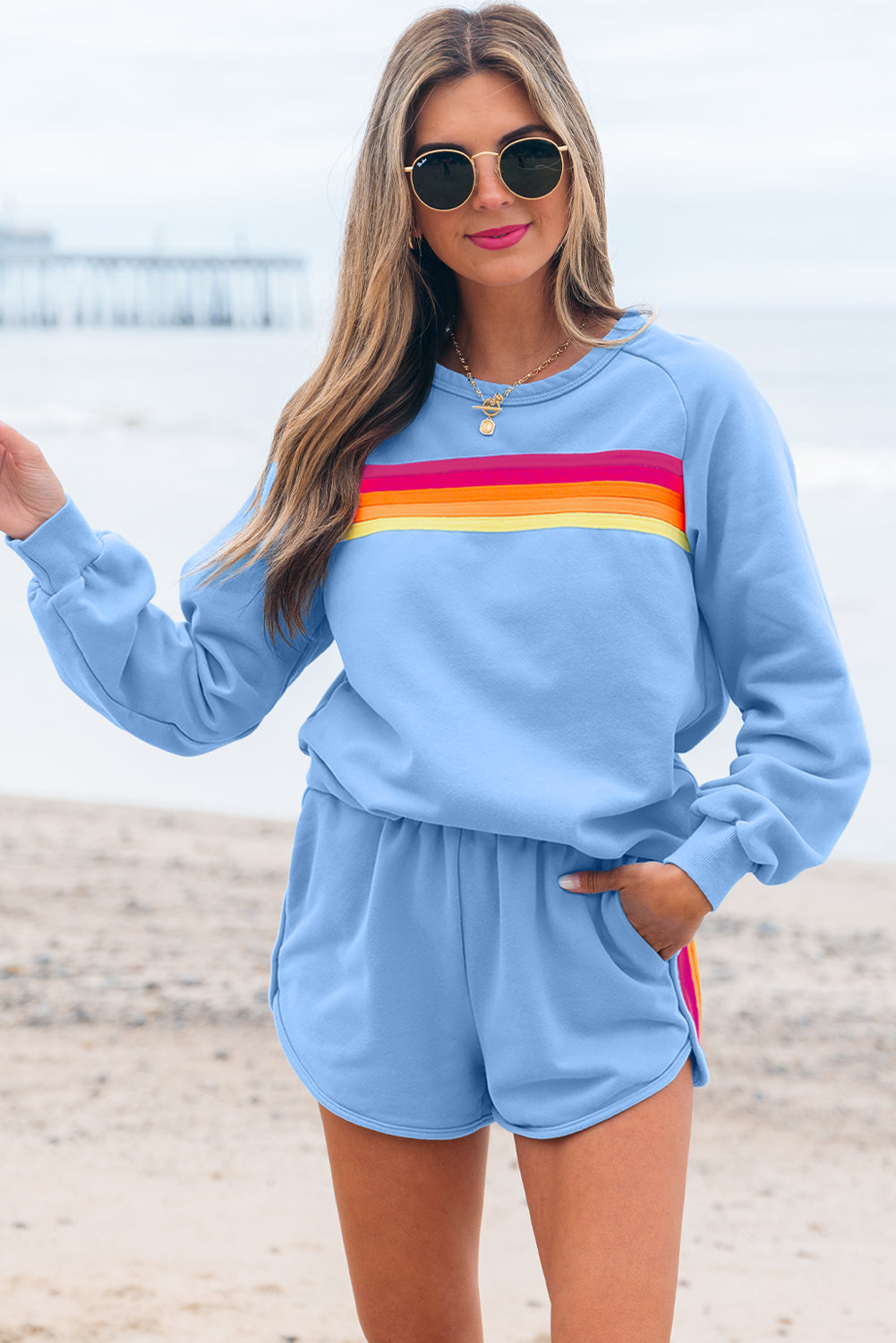 Beau Blue Striped Accent Pullover and Shorts Two Piece Casual Set
