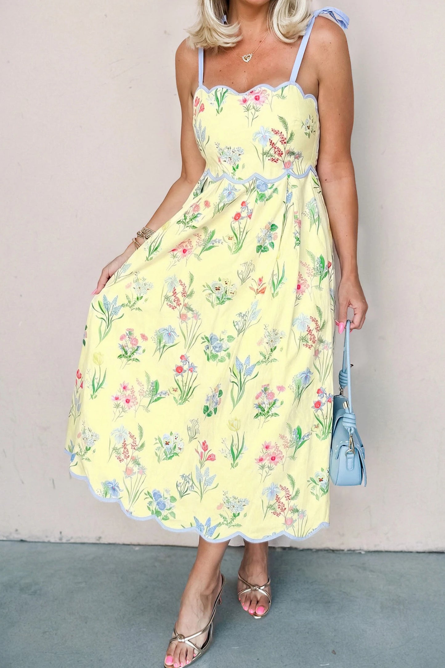 shop similar  shop similar  Beige Floral Print Contrast Trim Self-tie Straps High Waist Midi Dress