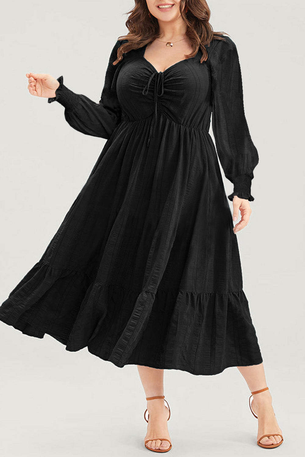 Black Lace-up Ruched Front Long Sleeve Ruffle Hem Plus Size Midi Dress
