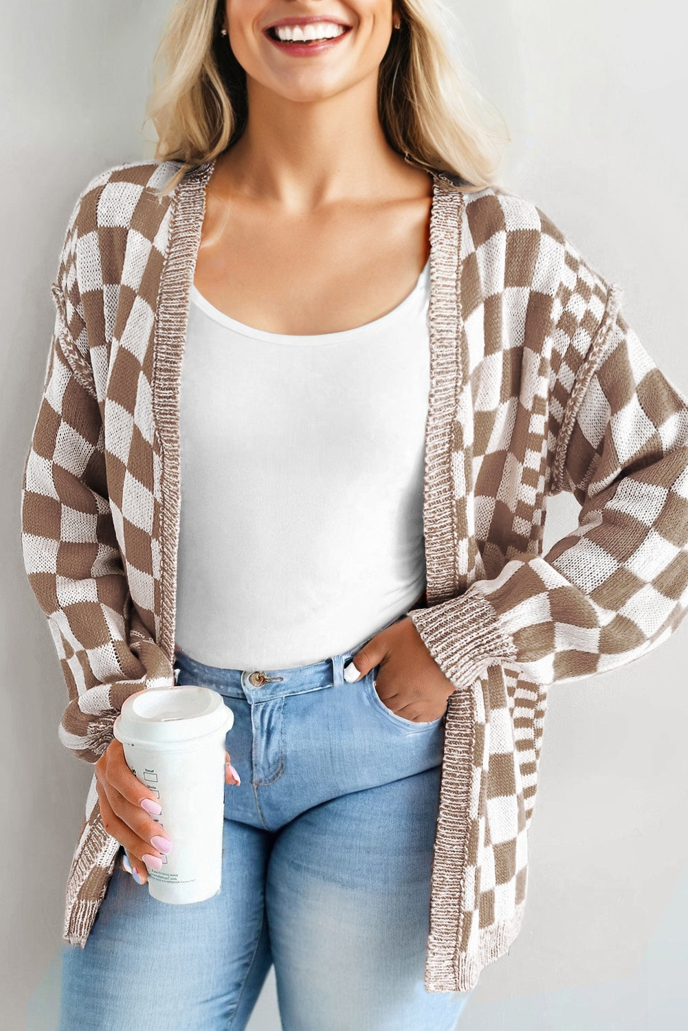 Orange Checkered Bubble Sleeve Drop Shoulder Open Cardigan