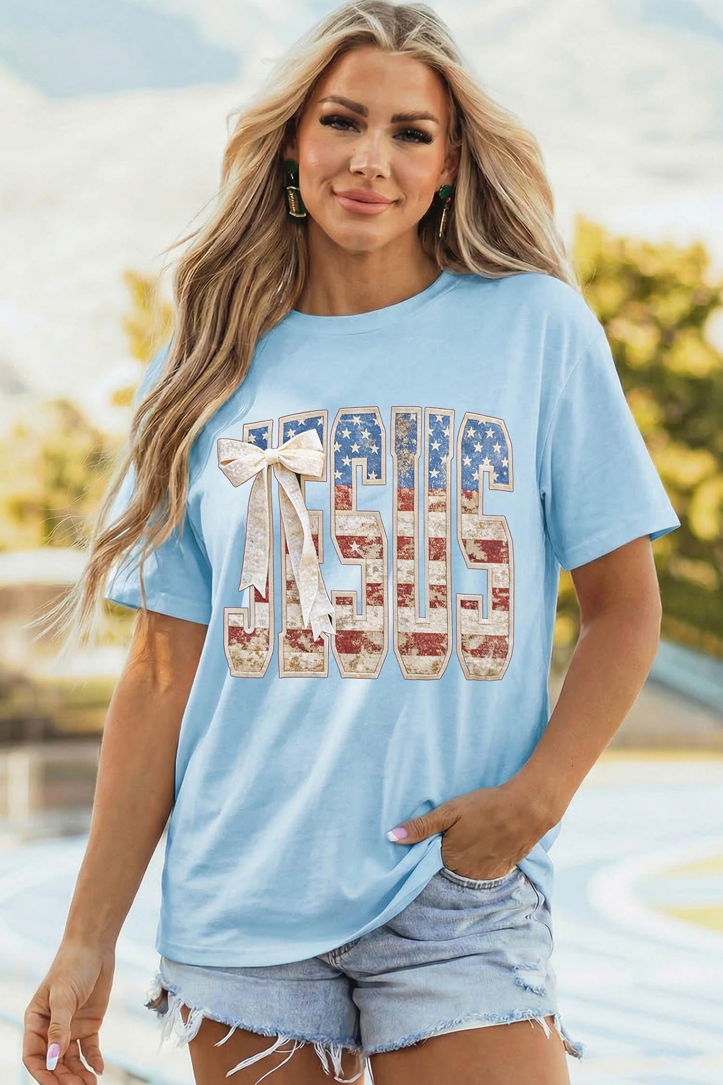 Light Blue Patriotic JESUS Letter Print Shift T Shirt