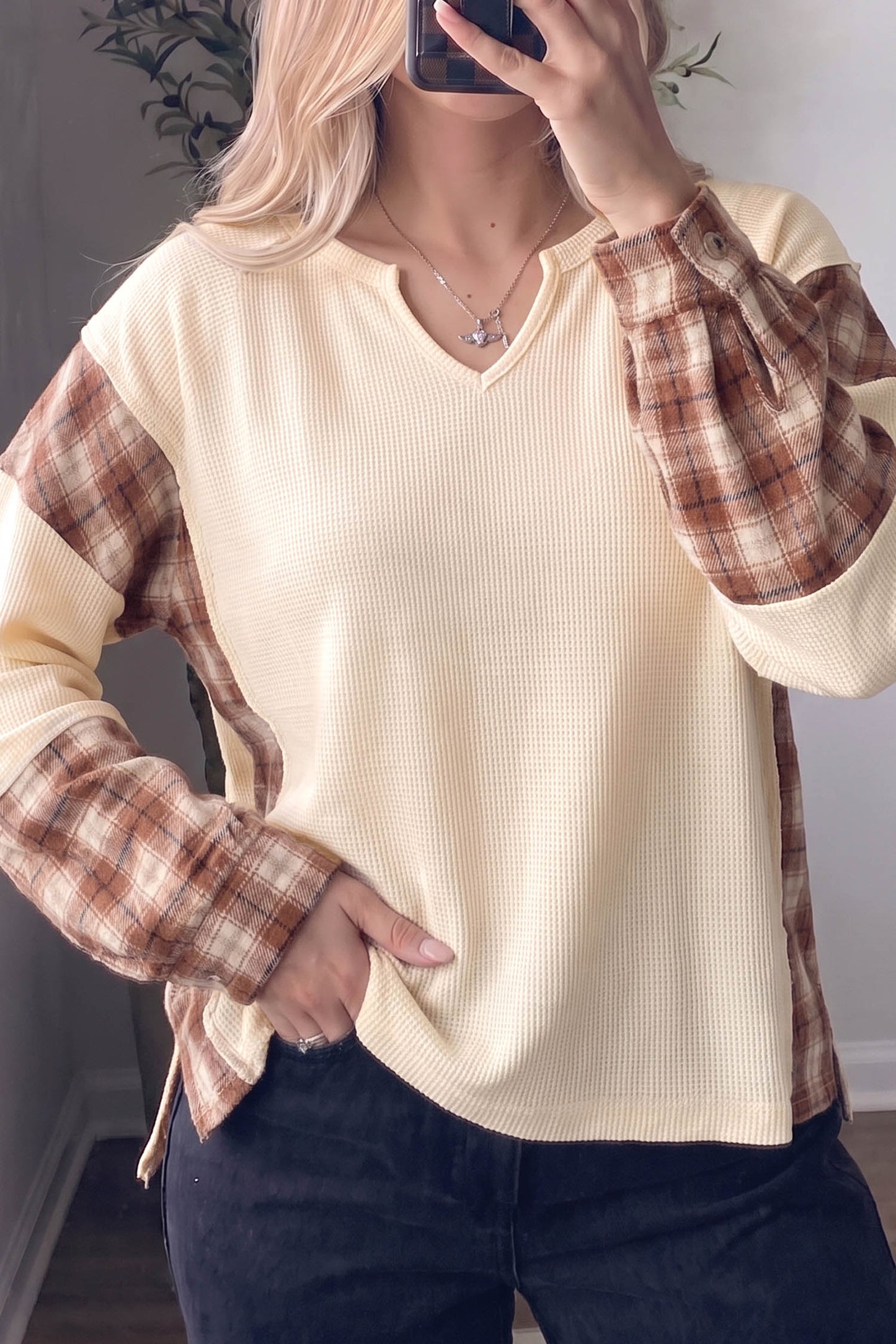 Beige Waffle Textured V Neck Plaid Colorblock Drop Shoulder Long Sleeve Top
