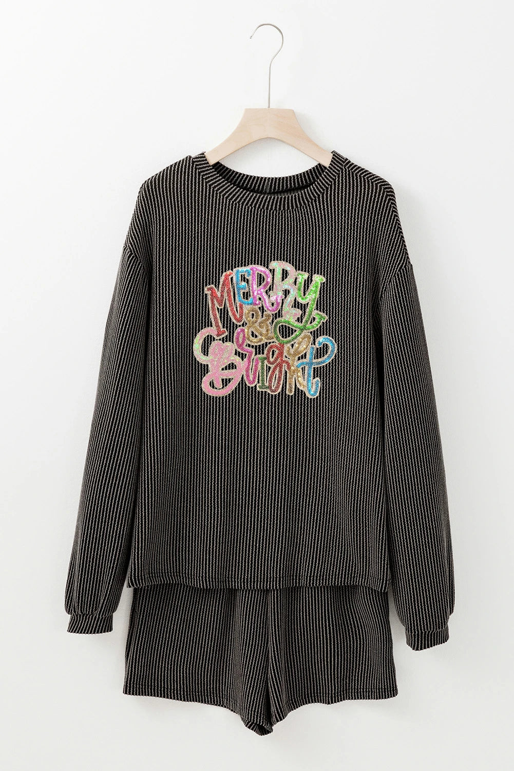 Carbon Grey Twisted Ribbed Merry & Bright Sequin Graphic Long Sleeve Top 2pcs Short Set