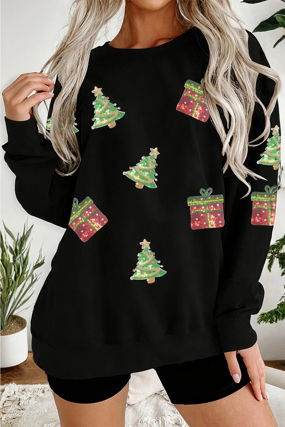 Black Sequin Christmas Trees Gifts Patched Drop Shoulder Sweatshirt