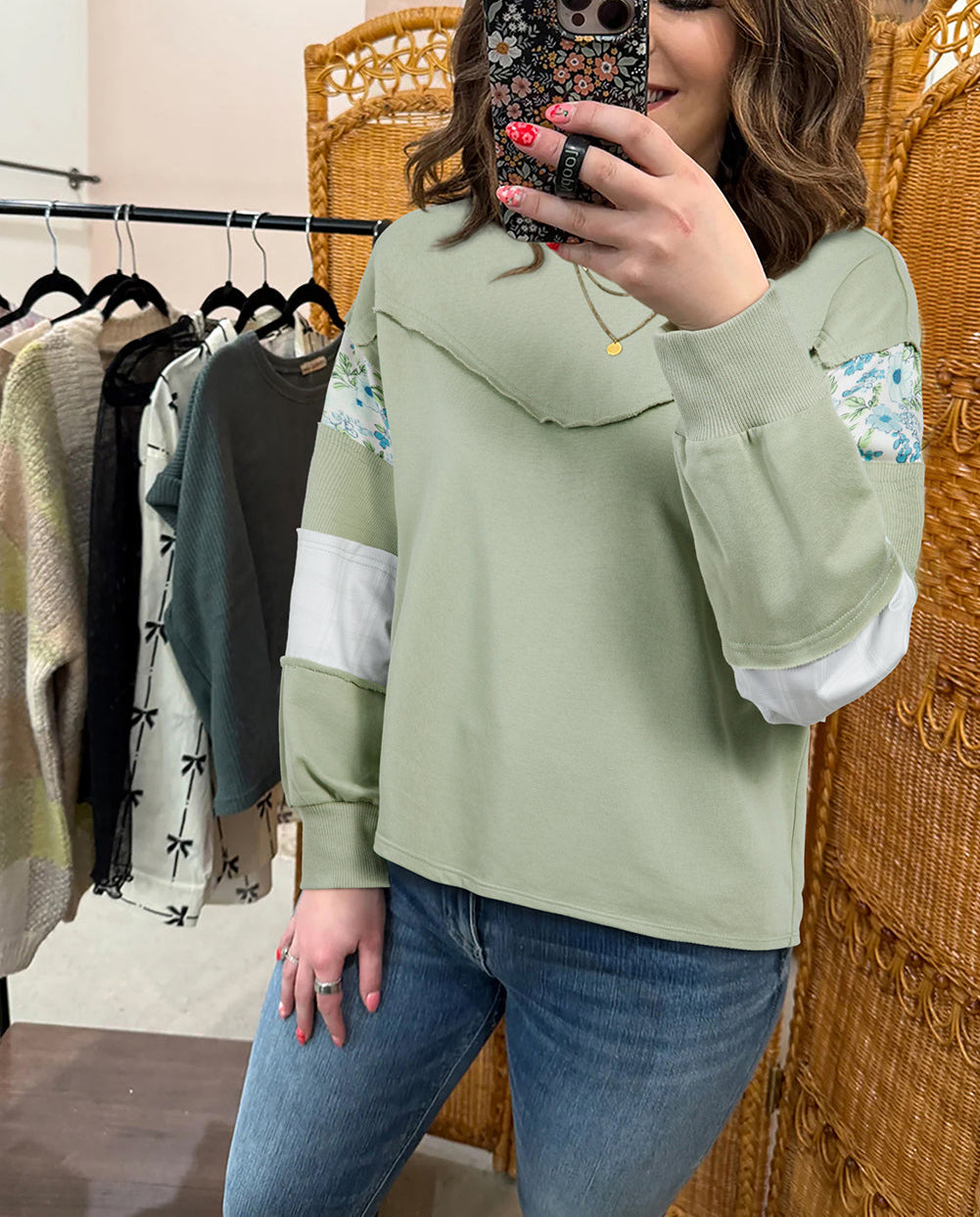 Laurel Green Floral Plaid Mixed Sleeve Raw Edge Relaxed French Terry Top